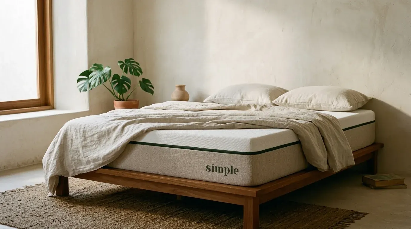 Colchón SIMPLE con sábanas de lino sobre una base de madera en una recámara luminosa